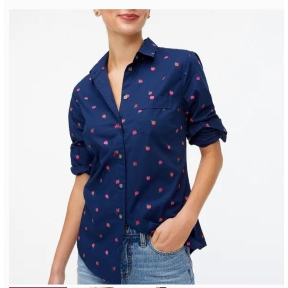 J. Crew Cotton Poplin Shirt Signature Fit Medium Apple Print Cottagecore Teacher